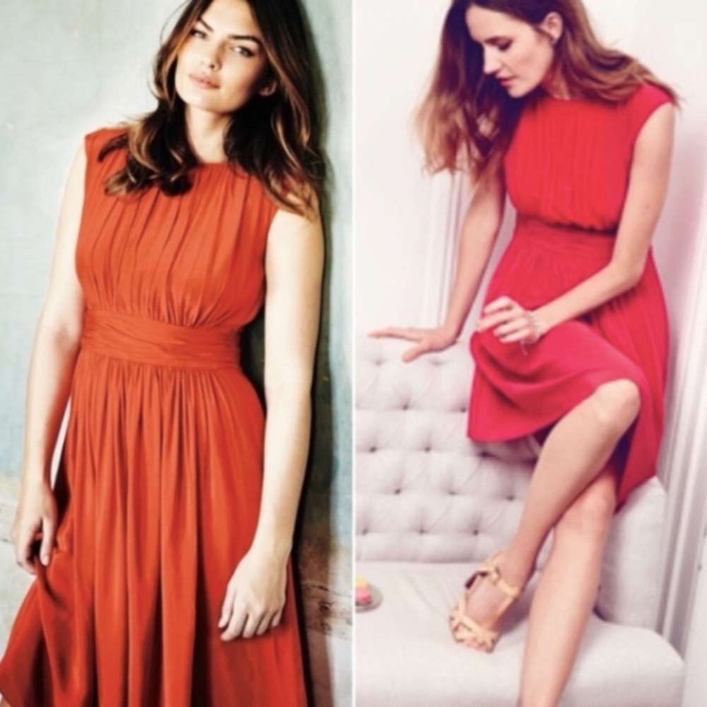 Boden Red Pleat Selina Dress in "Salmon"